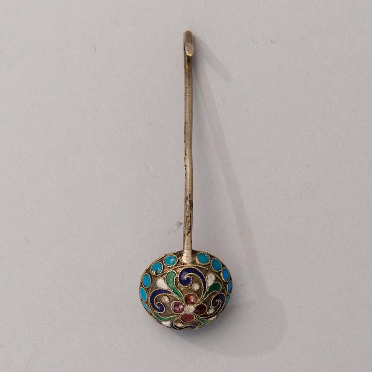 A SILVER AND ENAMEL SPOON AND SALTCELLAR, Moscow 1899-1908, Vasilii Kubarev, the spoon St:Petersburg ca 1900,