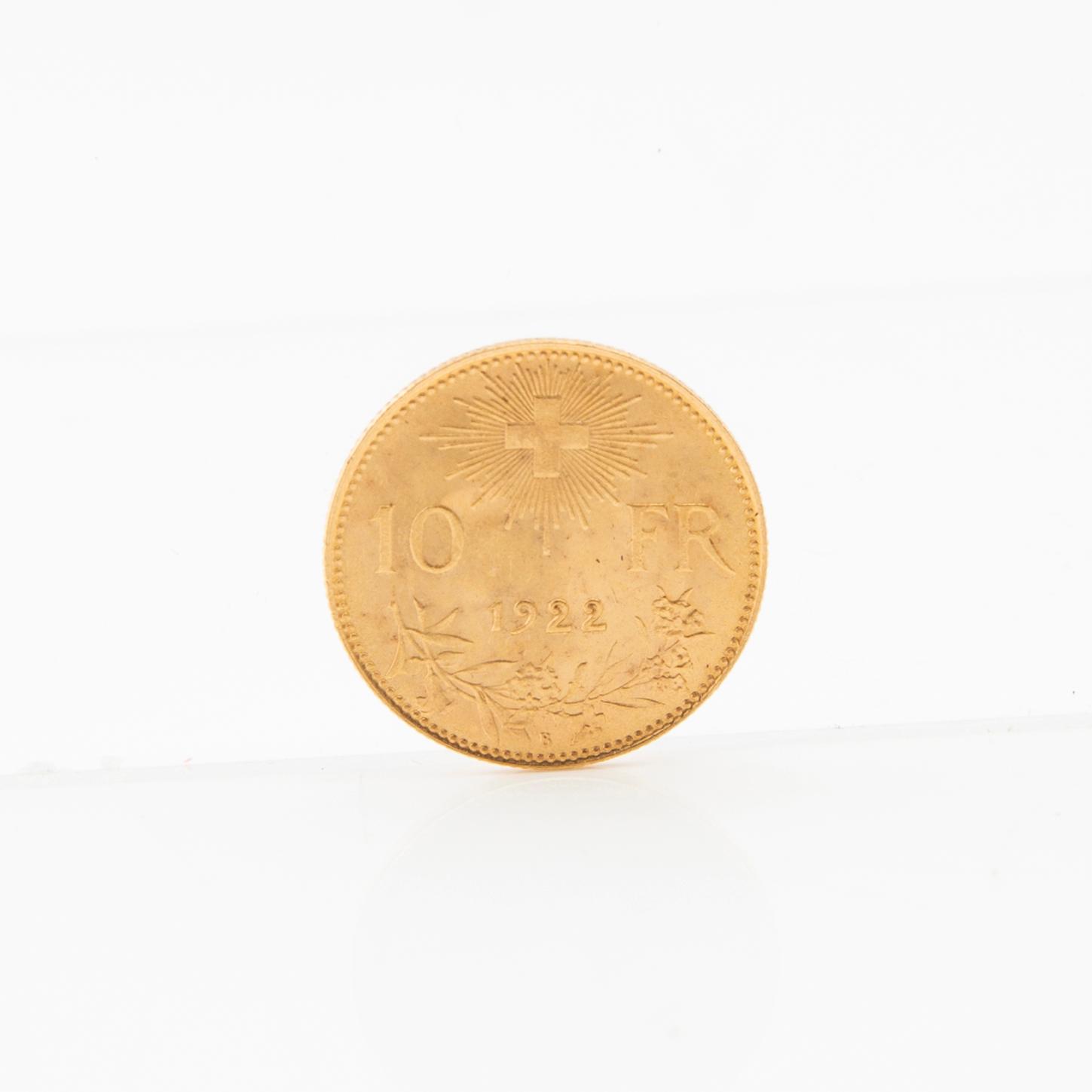 Gold coin 10 francs 1922 Switzerland.