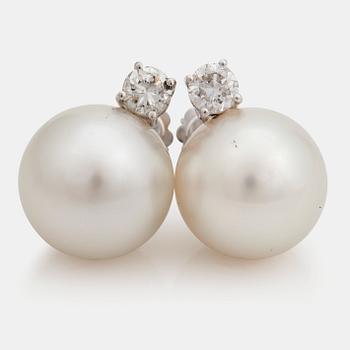 798. A pair of cultured South sea pearl and brilliant cut diamond earrings.