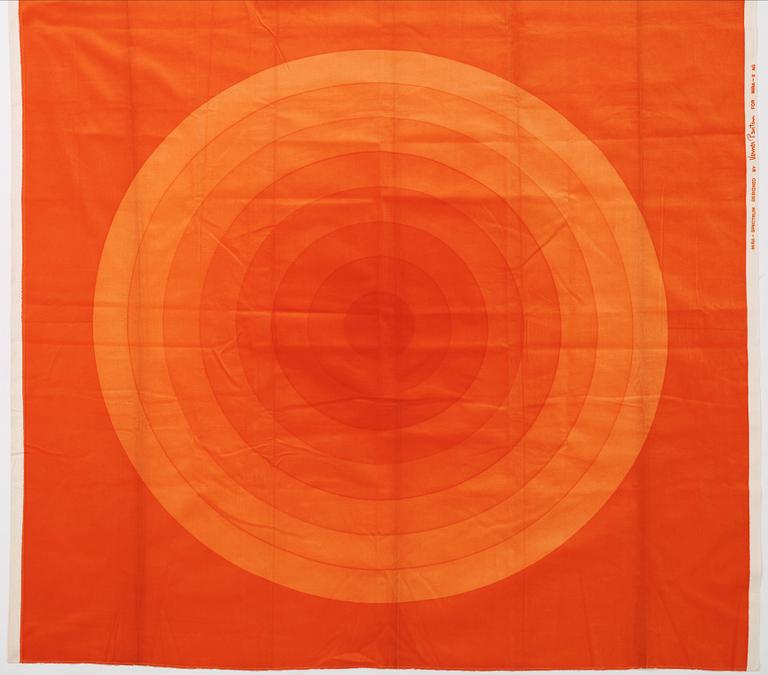 Verner Panton, CURTAINS, 2 PIECES, AND SAMPLERS, 11 PIECES.  Cotton velor. A variety of orange nuances and patterns. Verner Panton.