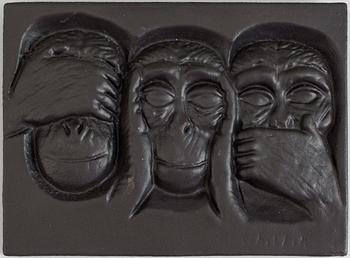 MICHAEL SCHILKIN, a cast iron plaque "See no evil, hear no evil, say no evil", signed and dated Högfors 1961.
