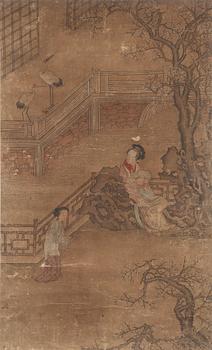 1429. A hanging scroll of a court lady with attendant in a garden, Qing dynasty, presumably 18th Century.