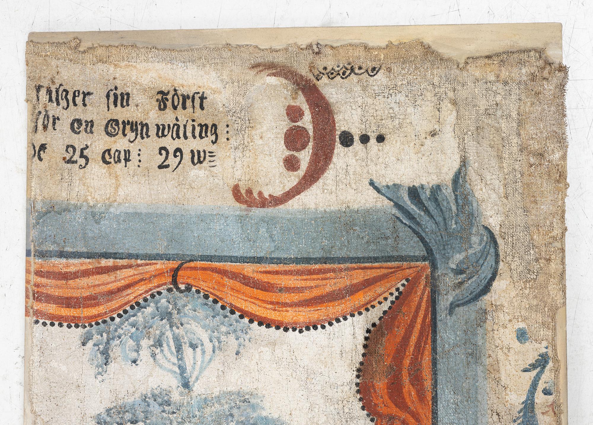 A nine-piece part folk art wall painting from Värmland, Sweden, late 18th century.