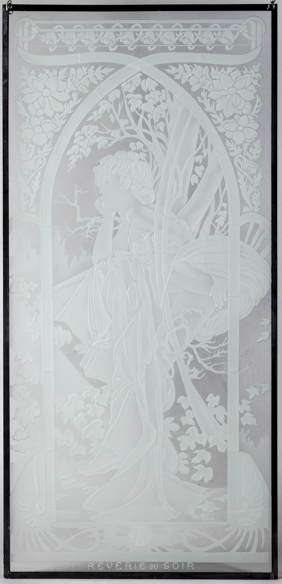 a glass window decor after Alphonse Mucha, 20th century.