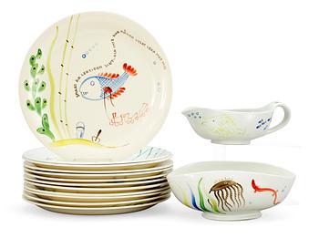 832. A Stig Lindberg set of 12 'Löja' creamware plates, a sauceboat and a bowl, Gustavsberg 1948-62, model WB.