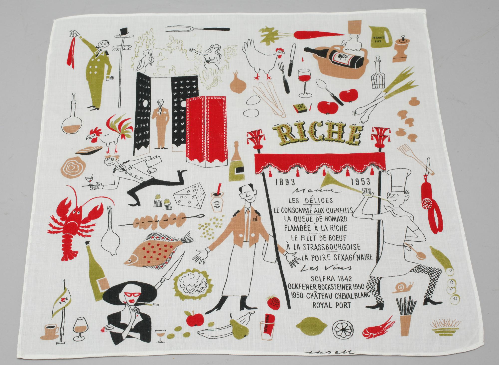 OLLE EKSELL, servett, för Restaurang Riche 60-års jubileum, 1953.