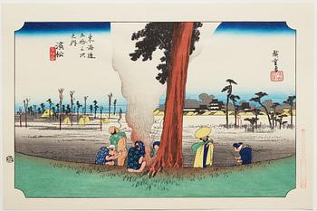 ANDO HIROSHIGE, senare avdrag, mapp, "The fifty-three stations on the tokaido", utgiven av Kata Hanga Kenkyujo.