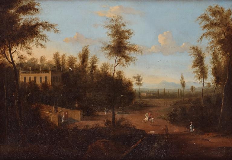 Unknown artist, 18th Century, Landscape with figures and riders beside a manor, a pair.