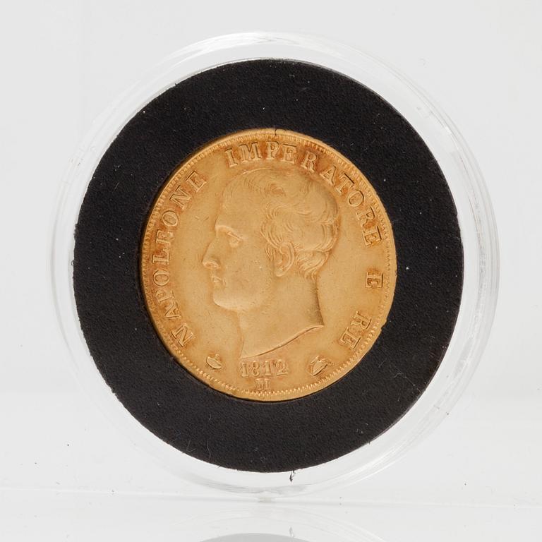 A 40 lire gold coin Napoleon Italy 1812. Weight ca 12.9 gram.
