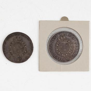 Adolf Fredrik, coins 2 pcs, 1 Riksdaler, 1751 and 3 Daler 1770.