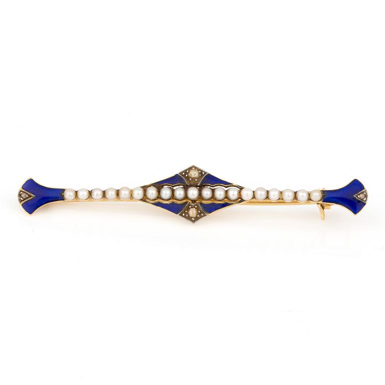 BROSCH, 18k guld, pärlor, rosenslipade diamanter, omkring 1900. Total vikt ca 6 g.