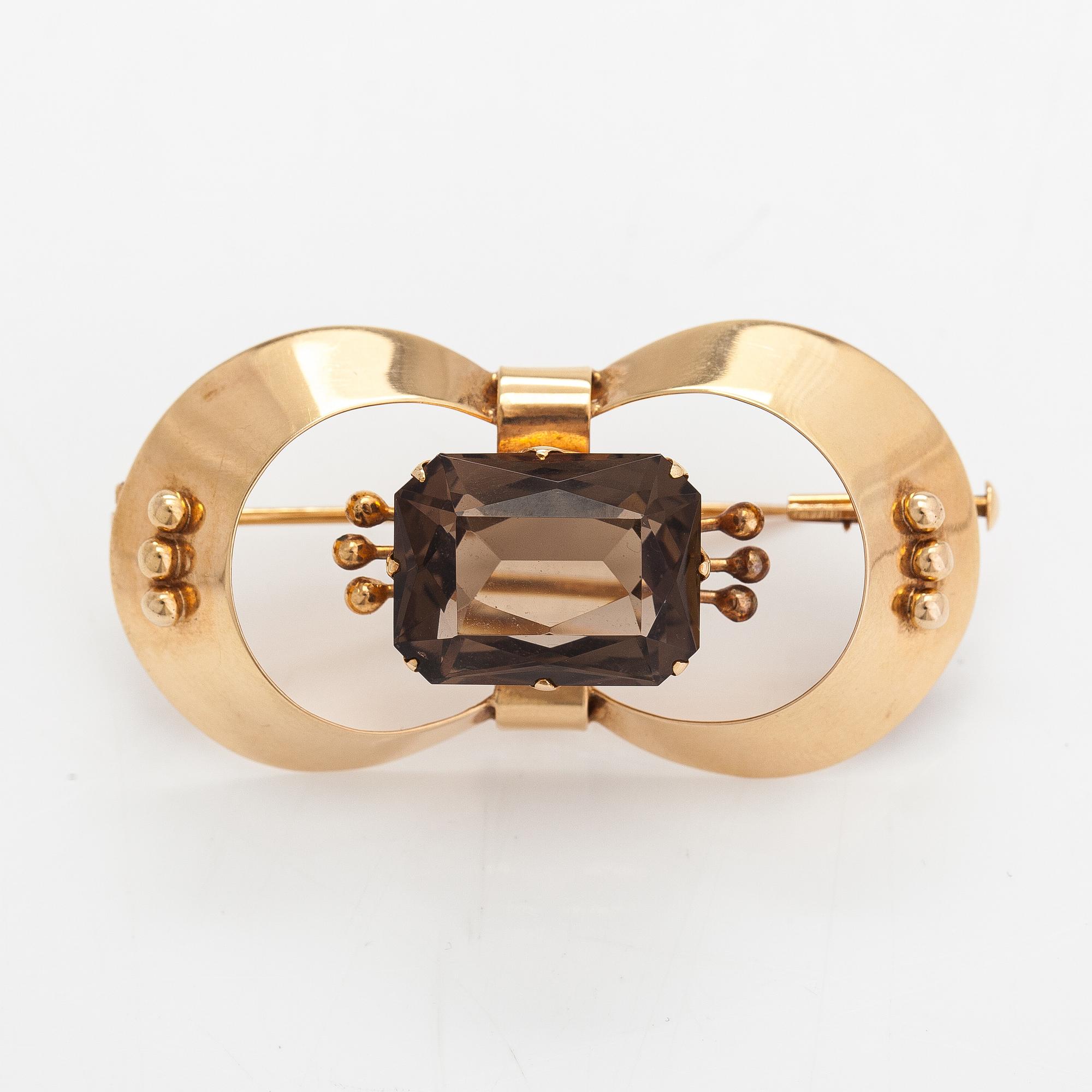 Helge Narsakka, halsband och brosch, 14K guld, rökkvarts och syntetisk spinell. Lahtis 1965.