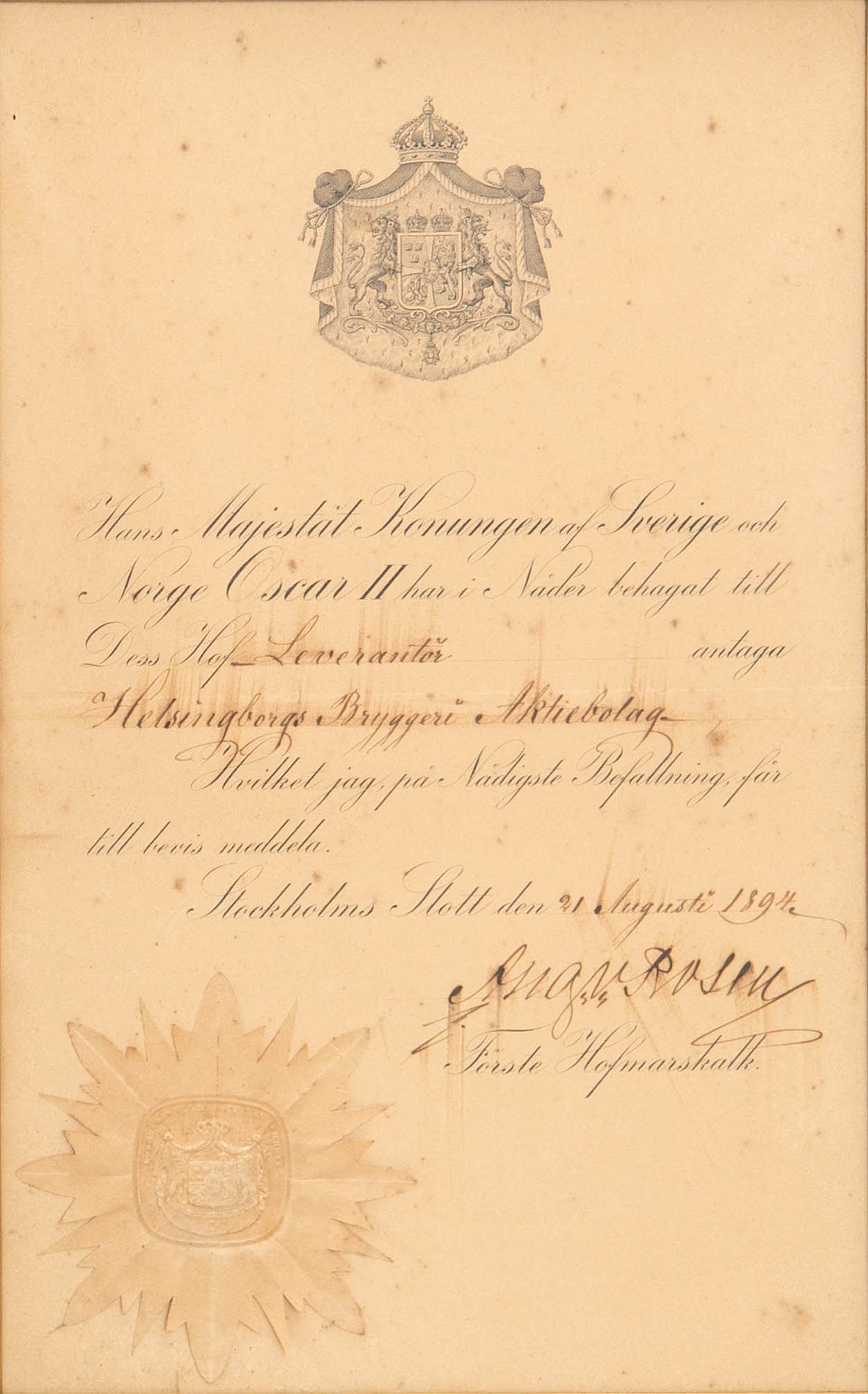 Court supplier letters 2 pcs for Helsingborgs Bryggeri Aktiebolag dated 1894 and 1896.