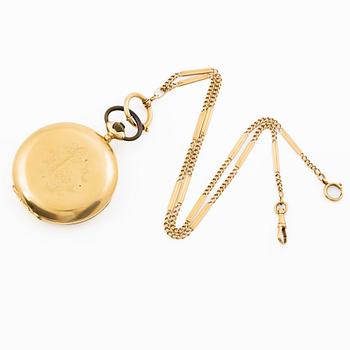 Pocket watch, hunter, 18K gold, chain 18K gold, 55 mm.