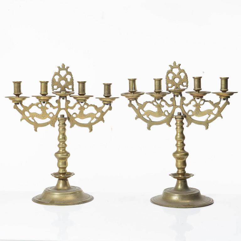 A pair of Baroque style brass candelabras, 20th century.