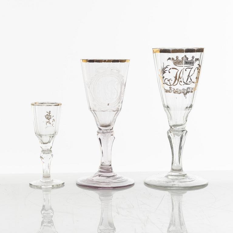 A set of two wineglasses and a small glass, 18th century.