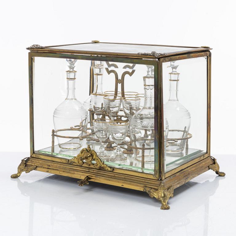 Liqueur set, glass and brass, first half of the 20th century.