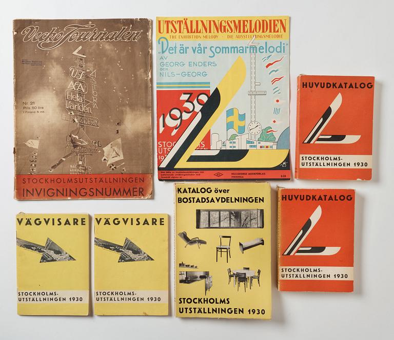 STOCKHOLMSUTSTÄLLNINGEN 1930, 34 delar. Kataloger och broschyrer, biljetter m.m. memorabilia.