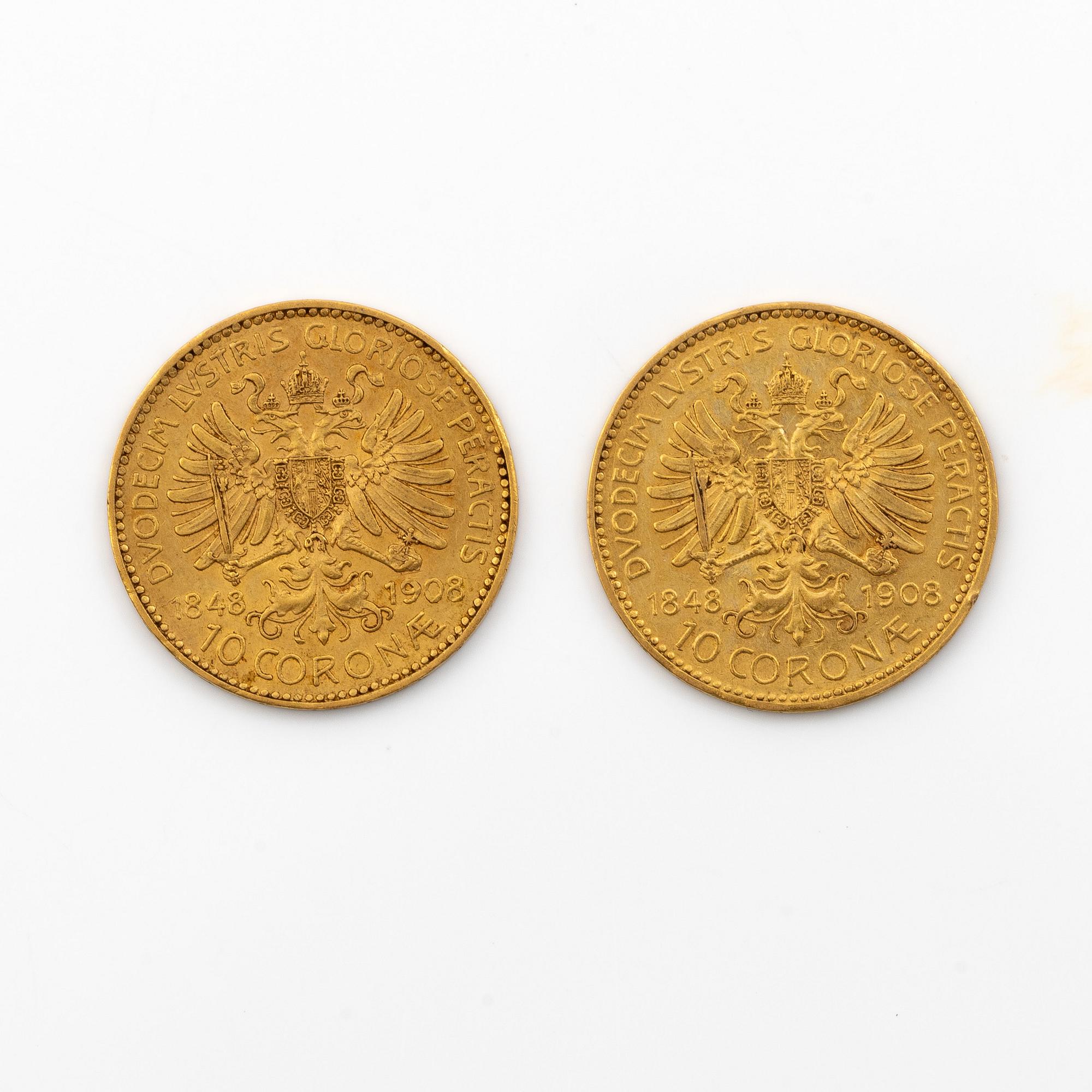 Gold coins 2 pcs, Austria, 10 Corona 1846-1908.