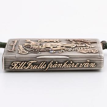 Silver box, gold, enamel, rose-cut diamonds, saphires and rubies (possibly synthetic), silk chord, St Petersburg.