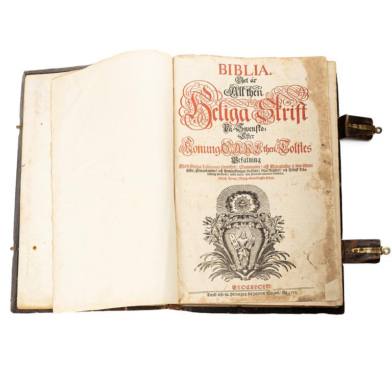 Karl XII:s stora kyrkobibel (bokstavligen i detta fall), 1702-3, Biblia, thet är all then heliga skrift på swensko.