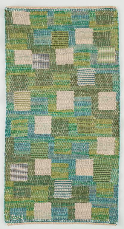 Barbro Nilsson, textiles, 2 pcs., one is "Nejlikan blå", tapestry weave, one is flat weave, both signed BN.