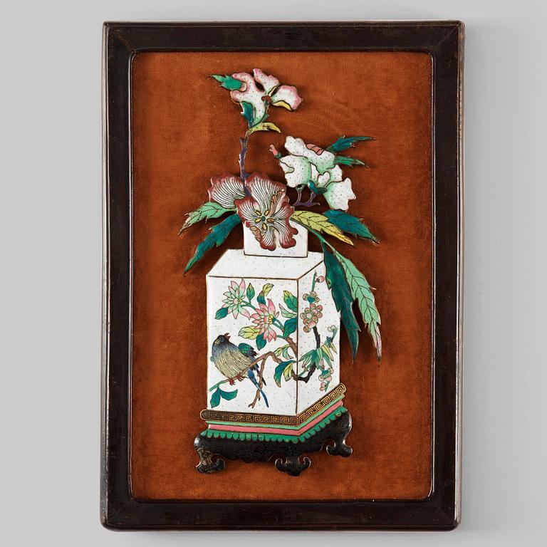 A framed enamel placque, late Qing dynasty, 19th Century.