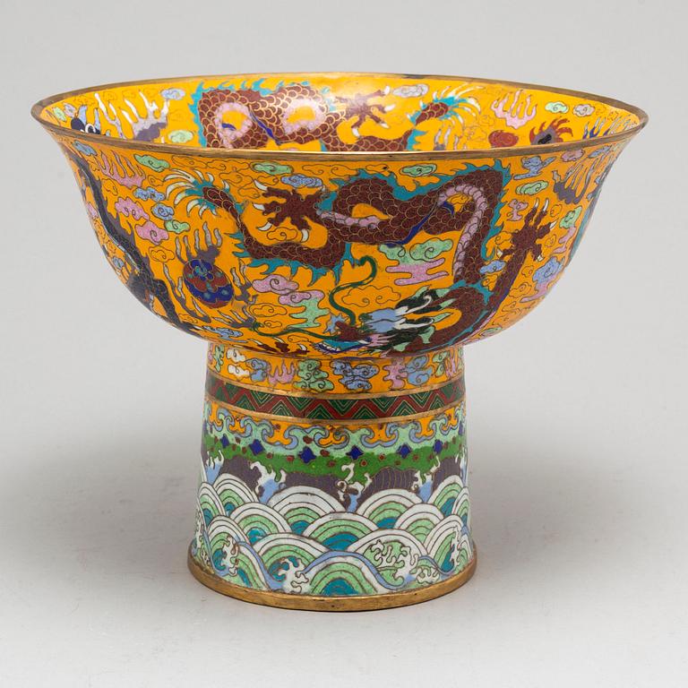 A large Chinese cloisonne 'Imperial Yellow' ceramonial bowl, 20th century.