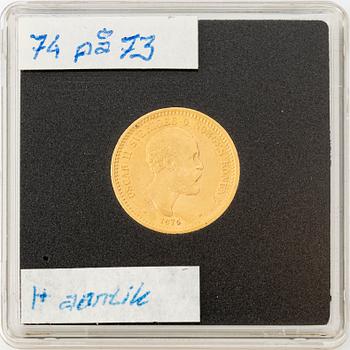 Gold coin, Oscar II, 10 kronor, type I, Sweden 1874/73.