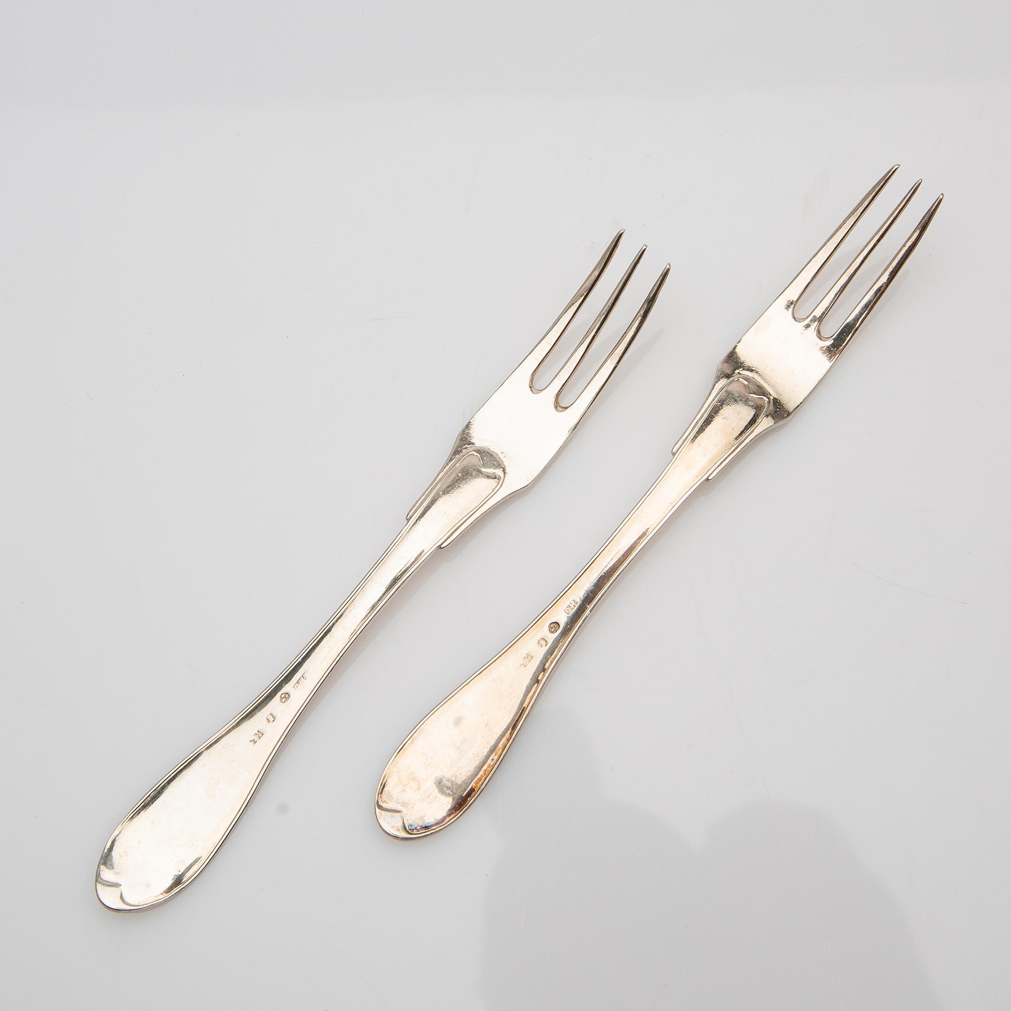 Dessert forks, 6 pcs, silver, possibly early 19th century.