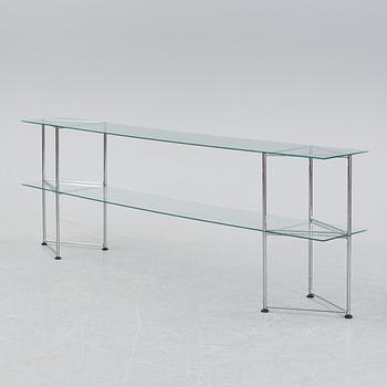 A late 20th century glass and metal shelf / sideboard.