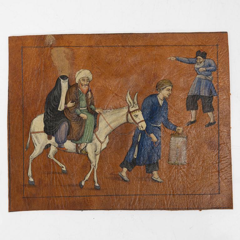 Unidentified artist, three paintings on leather, Iran, late Qajar dynasty/20th century.