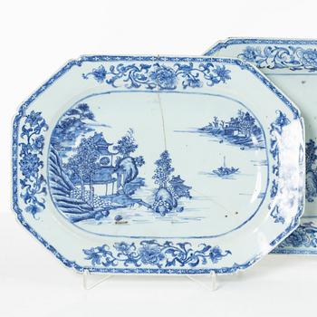A group of three Chinese blue and white porcelain serving dishes and five dessert plates, Qing dynasty, Qianlong(1736-95.
