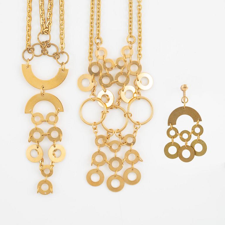 Siv Lagerström, two necklaces and one earring, gold-coloured metal.