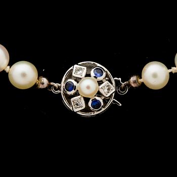 COLLIER, odlade pärlor, lås i 18 k vitguld med blåa samt vita stenar.