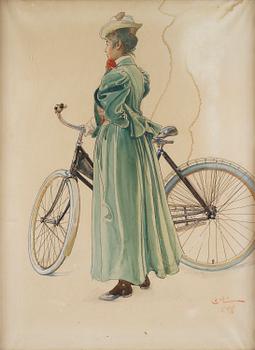 774B. Carl Larsson, Fru Grosshandlare Eriksson/Kvinna vid cykel (study for "Skolungdomens korum" at Ladugårdsgärde).