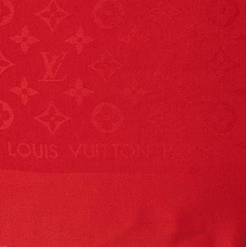 LOUIS VUITTON, a red monogrammed wool and silk shawl.