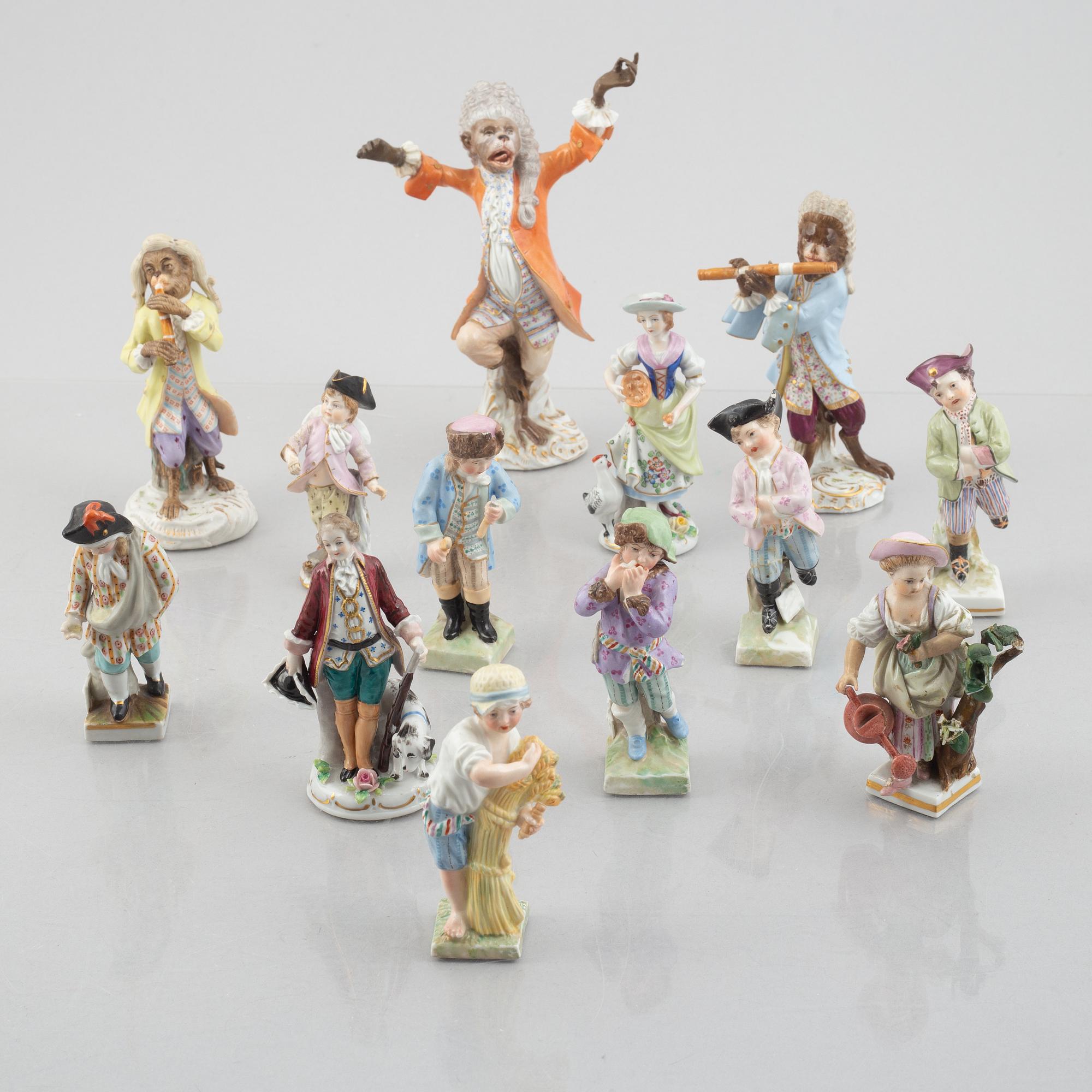 13 Rococo-style porcelain figurines, including Meissen, KMP & Sitzendorf, Germany, 19th-20th century.