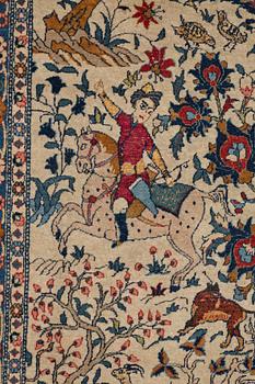 A CARPET, a semi-antique Teheran probably, a figural part silk, ca 347,5-345,5 x 242 cm.