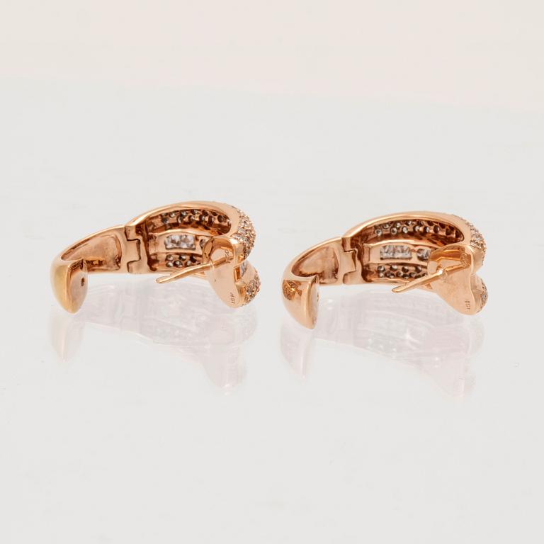 A pair of 18K rose gold earrings set with round brilliant-cut and princess-cut diamonds.