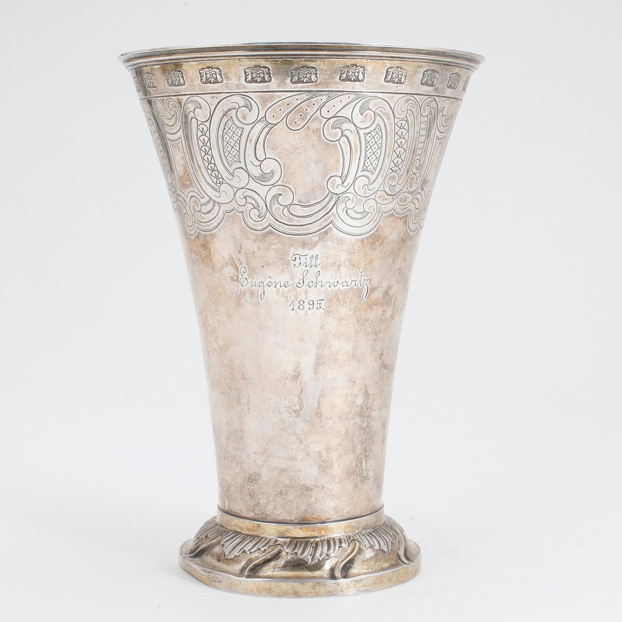 BÄGARE, silver, Gustaf Möllenborg, Stockholm, 1894. Vikt ca 248g.