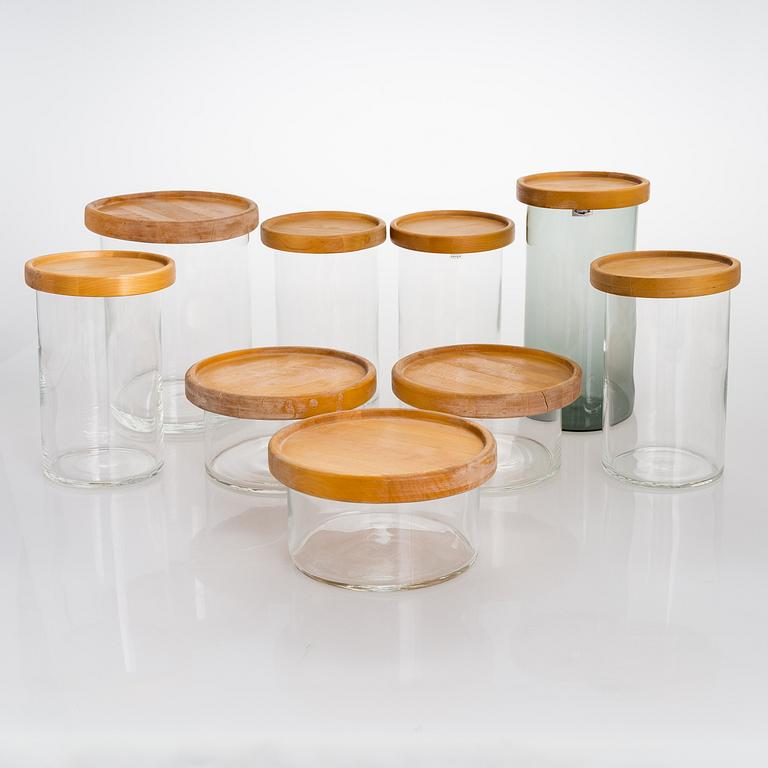 KAJ FRANCK, A set of nine 1970s lidded 'Purtilo' glass jars, Arabia / Wärtsilä.