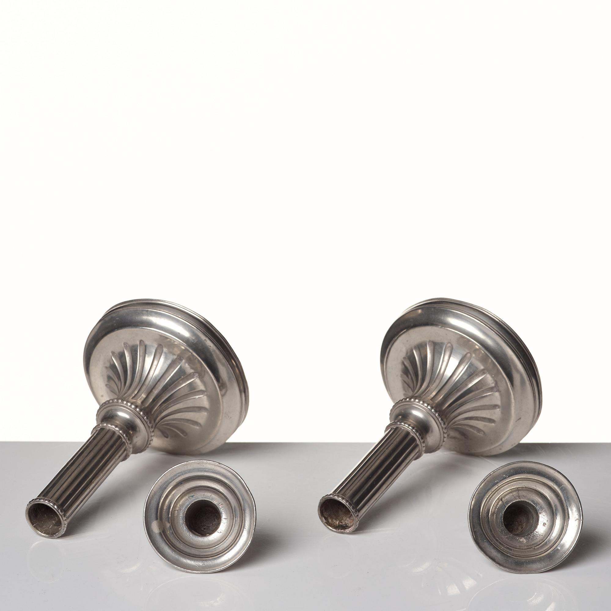 A pair of Gustavian pewter candlesticks by R Ryman 1784.