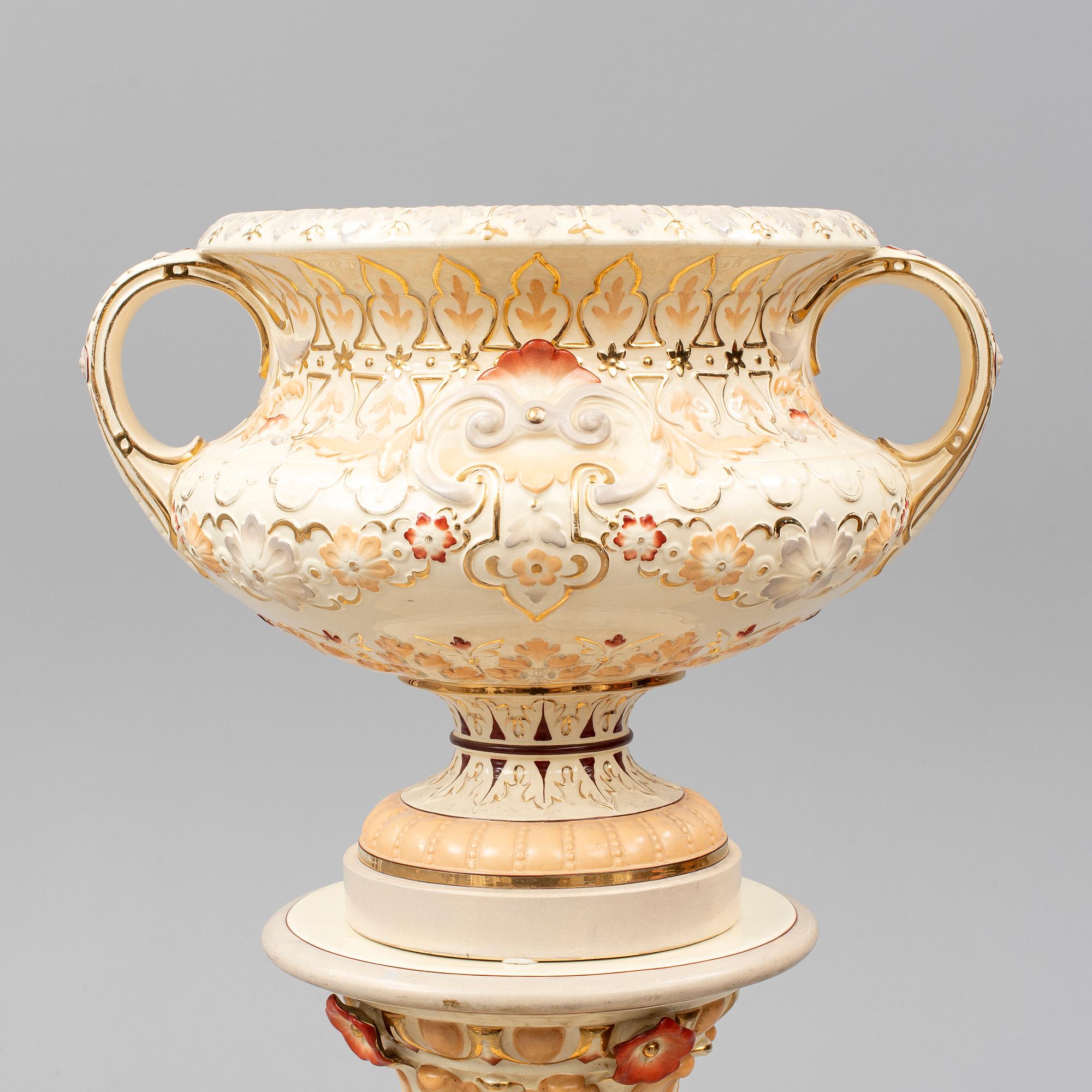 A ceramic pedestal and plant pot from Rörstrand, circa 1900.