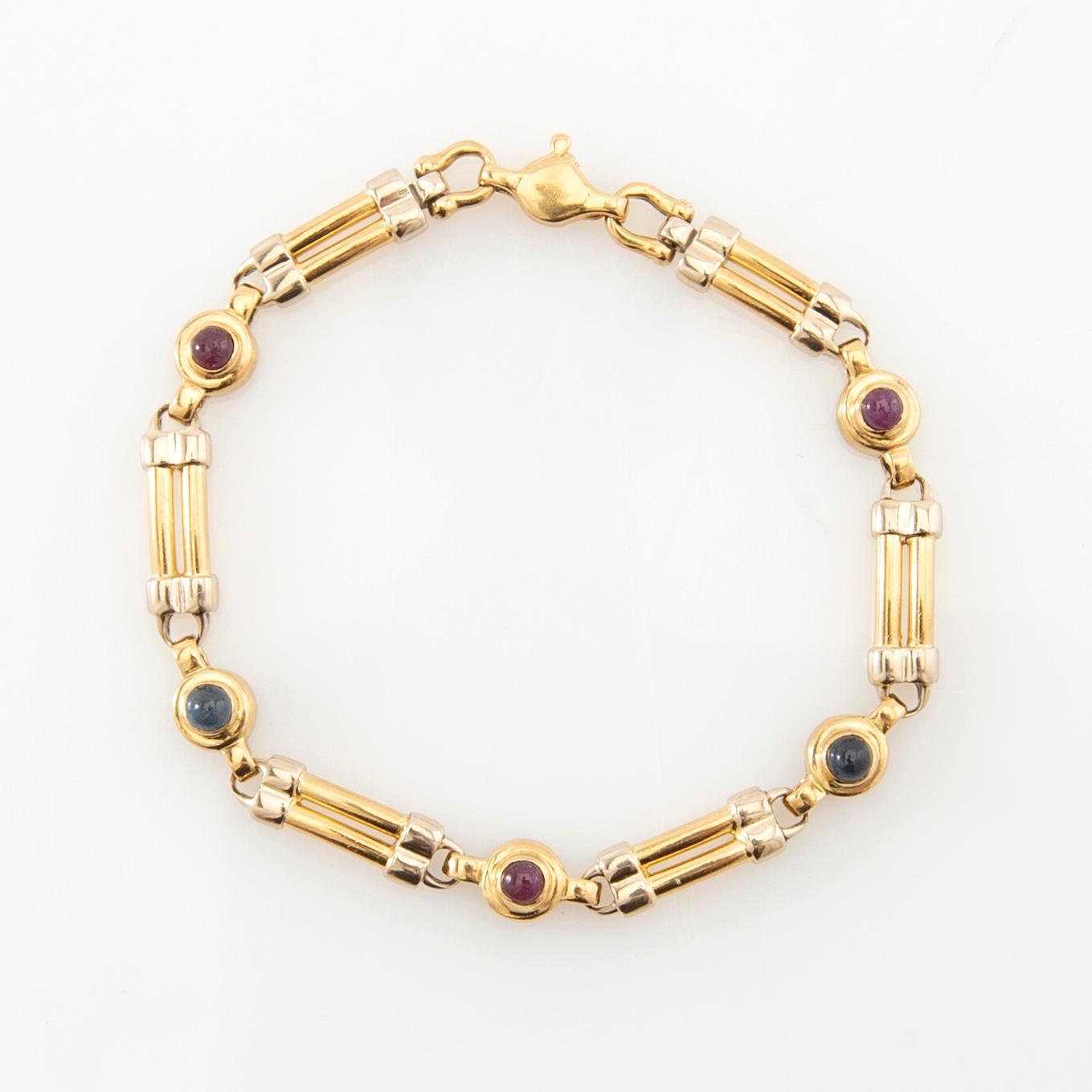 Bracelet 18K rose and white gold set with cabochon-cut sapphires and rubies, possibly Ancona Italy.