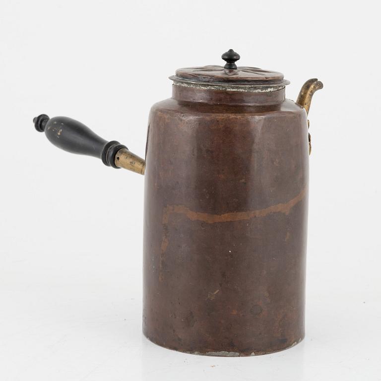 A Swedish copper and brass rococo coffee pot, later part of the 18th century.
