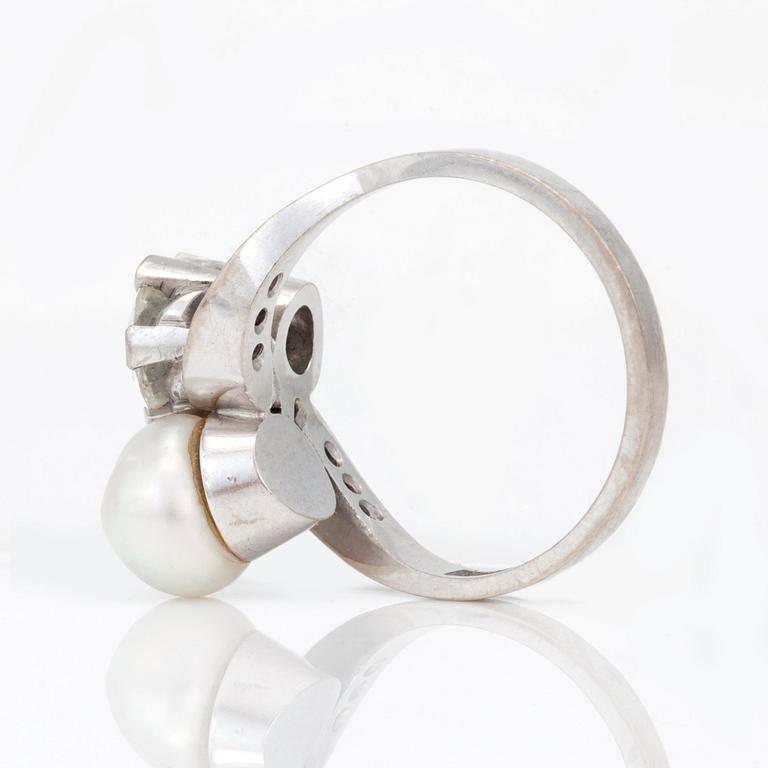 A circa 1.50cts old-cut diamond and probably natural saltwater pearl.