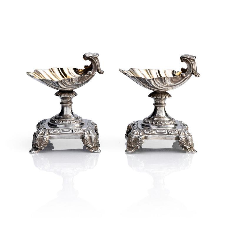 A Swedish pair of salt cellars, parcel-gilt silver, marks of Gustaf Theodor Folcker, Stockholm 1842.