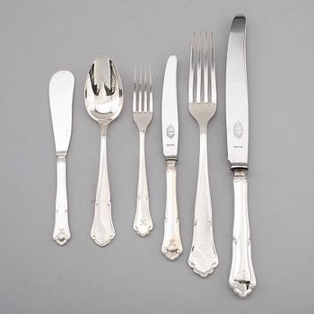 BESTICK, 62 delar, silver, "Saga", 1940/50-tal. Total vikt med stålblad ca 2460 gram.
