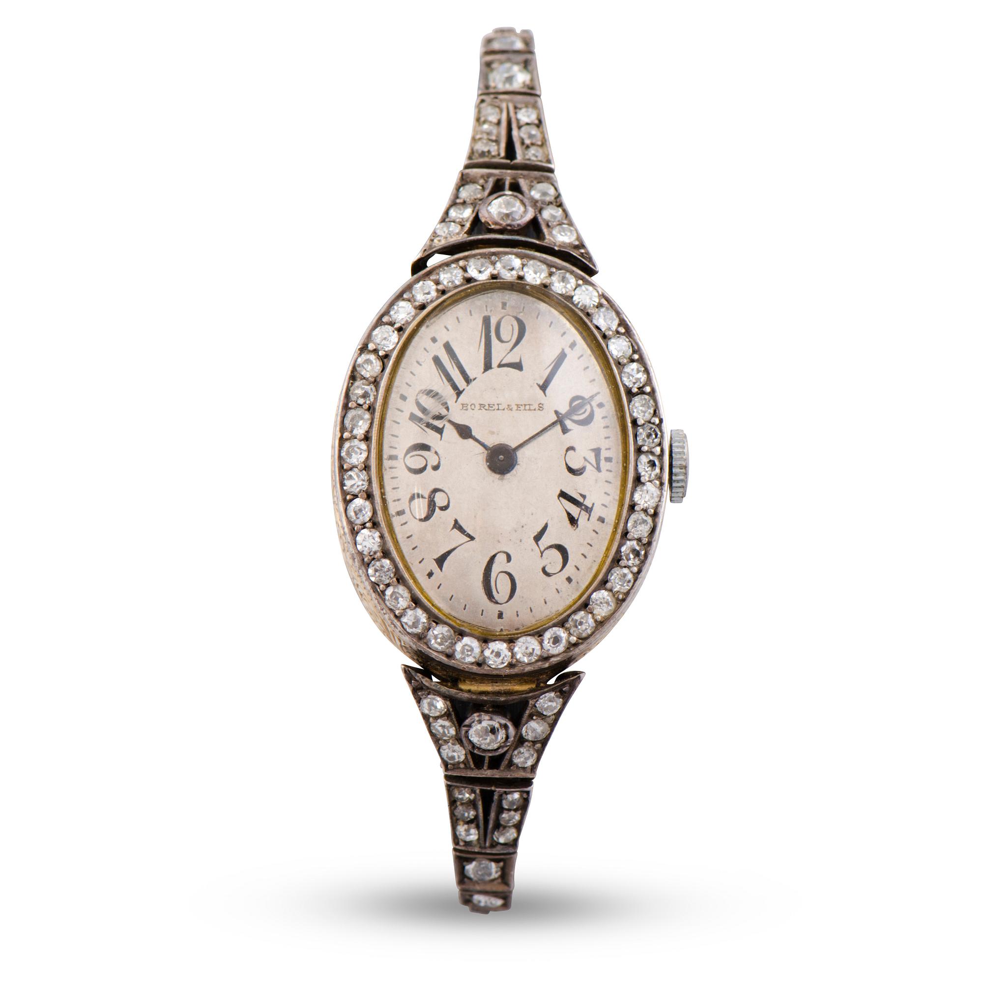 A WRIST WATCH, Borel & fils, old cut diamonds, 14k (56) gold. Bragin Andrey (AБ), St Petersburg, early 20th century.
